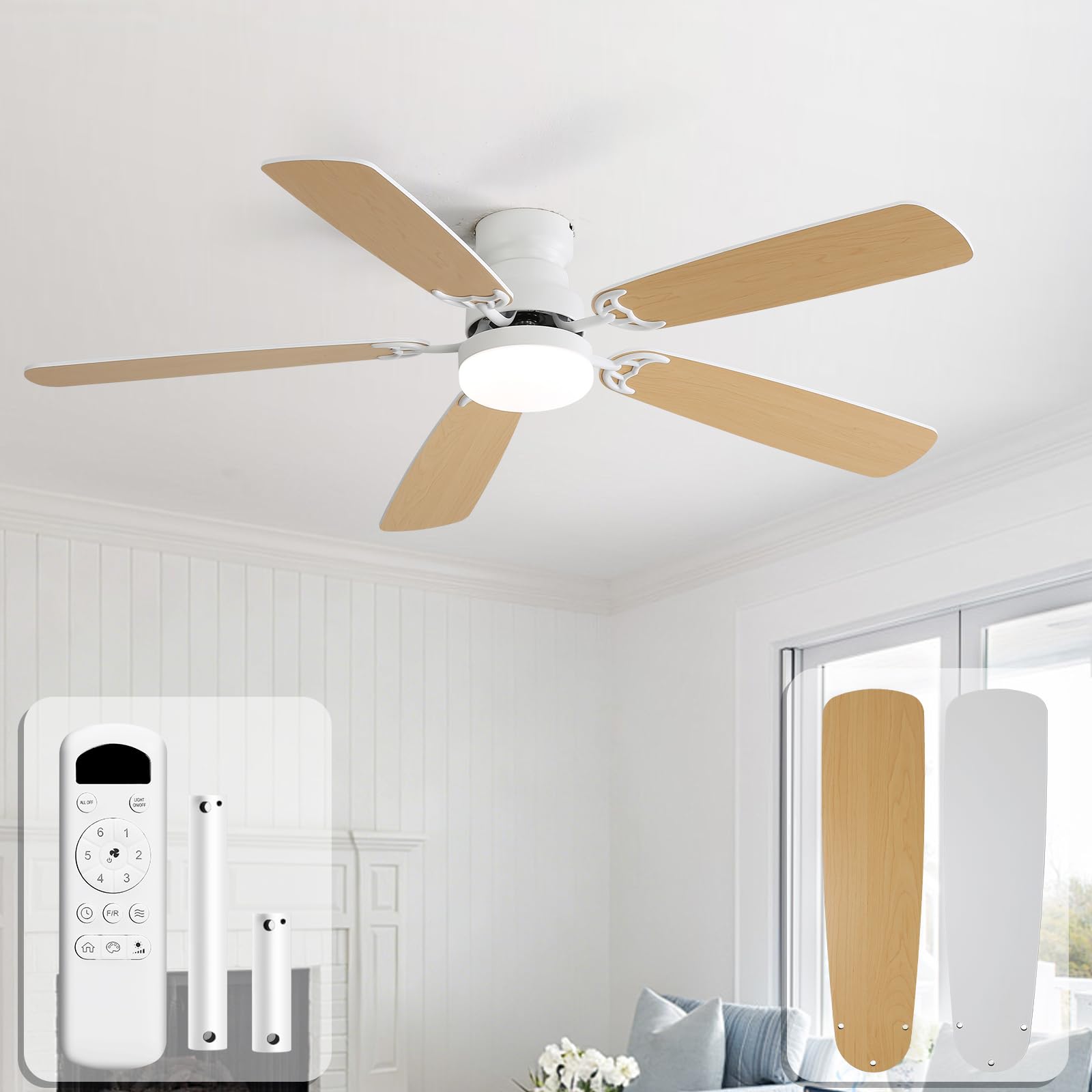 Sofucor Deckenventilator mit Beleuchtung und Fernbedienung, DC, 132 cm, 5 Flügeln, Timer, 3 Farbtemperatur, 6 Geschwindigkeiten, Sommer Winterbetrieb Leise Deckenventilator mit Licht für Wohnzimmer