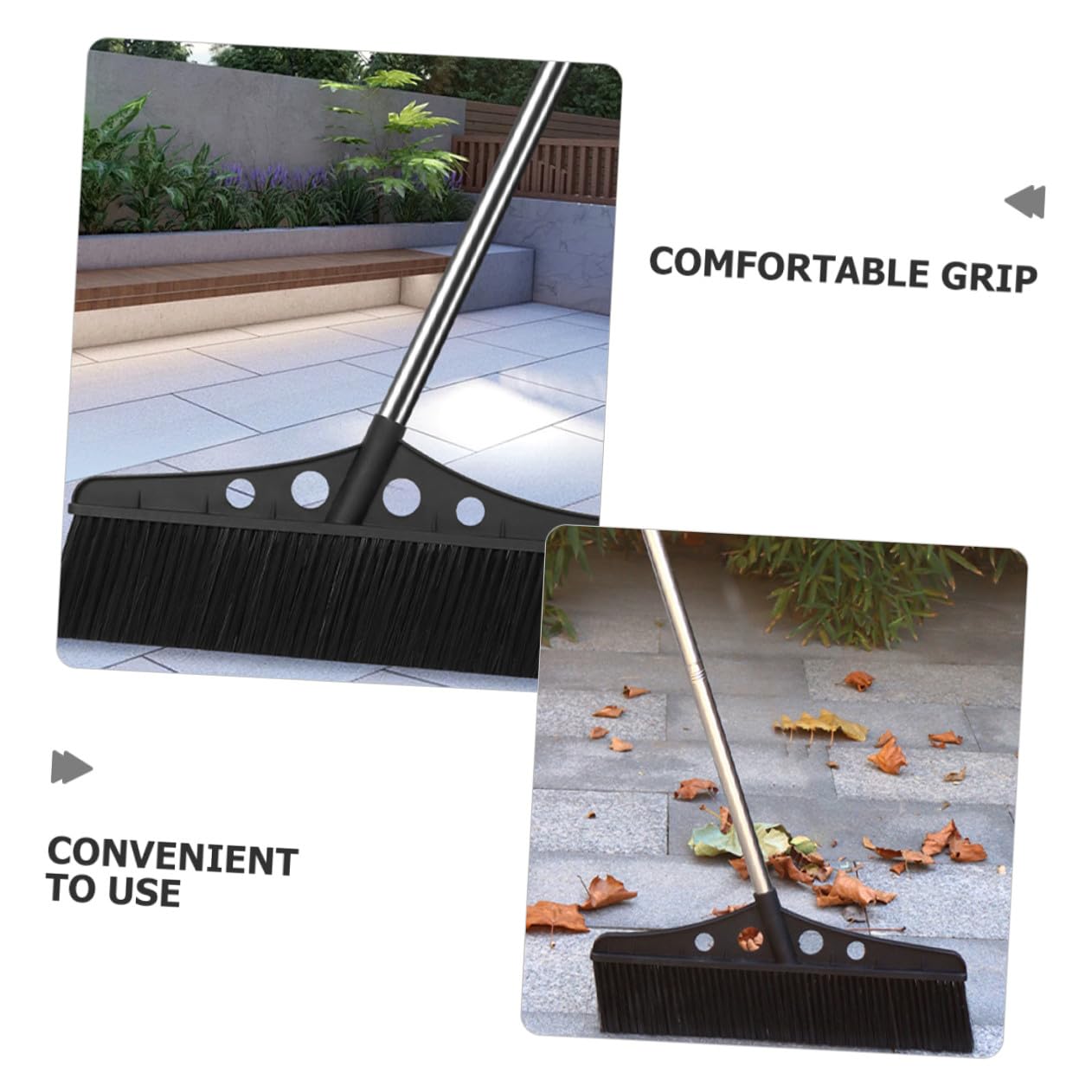 Escoba Ancha Negra con Cabeza de Acero Inoxidable y Nylon para Exteriores Desmontable Mango Largo Ergonómico, Adecuado para Limpieza de Jardines, Patios y Superficies de Concreto