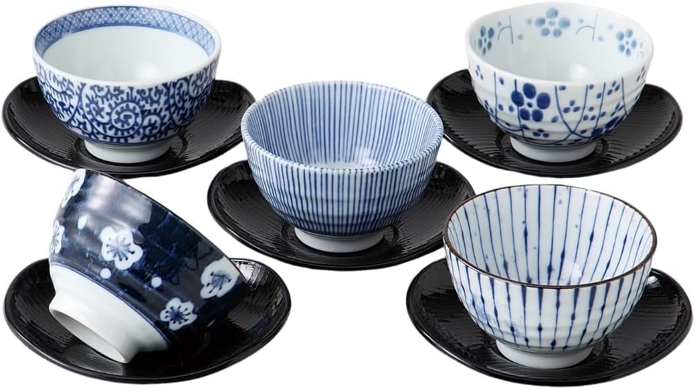 Mino Ware Tea Cups, Indigo Set of 5 with Saucers
