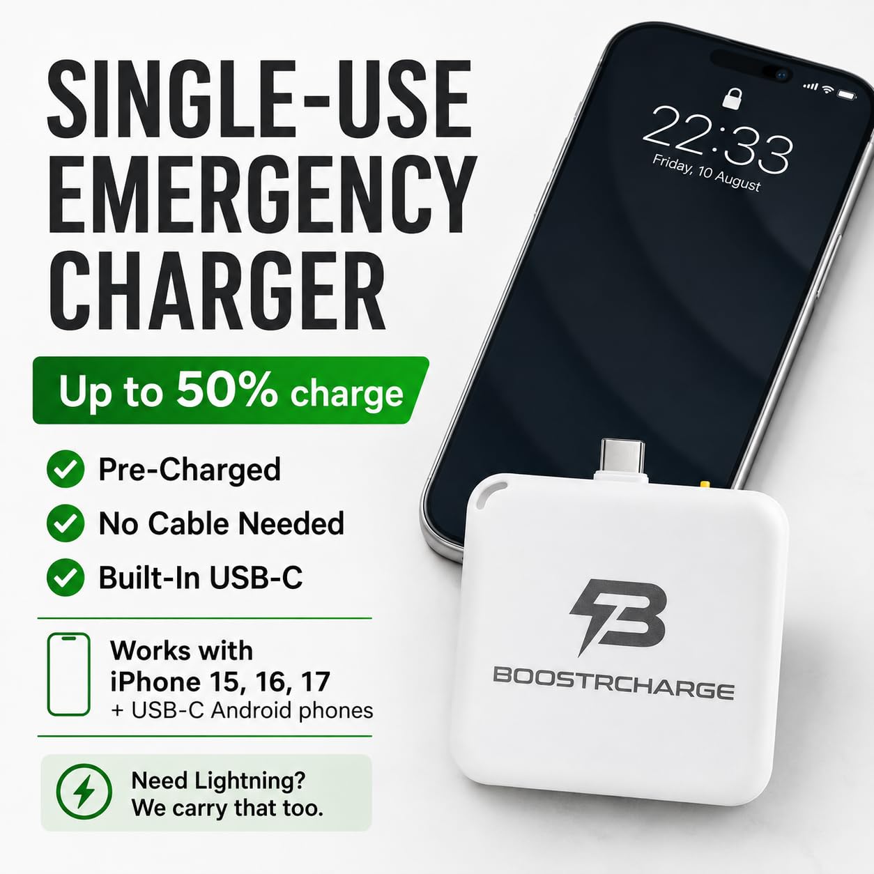 Boostrcharge Single-Use Emergency Phone Charger, Pre-Charged & Ready to Use, No Cables Needed, USB-C, 3-Pack view 2