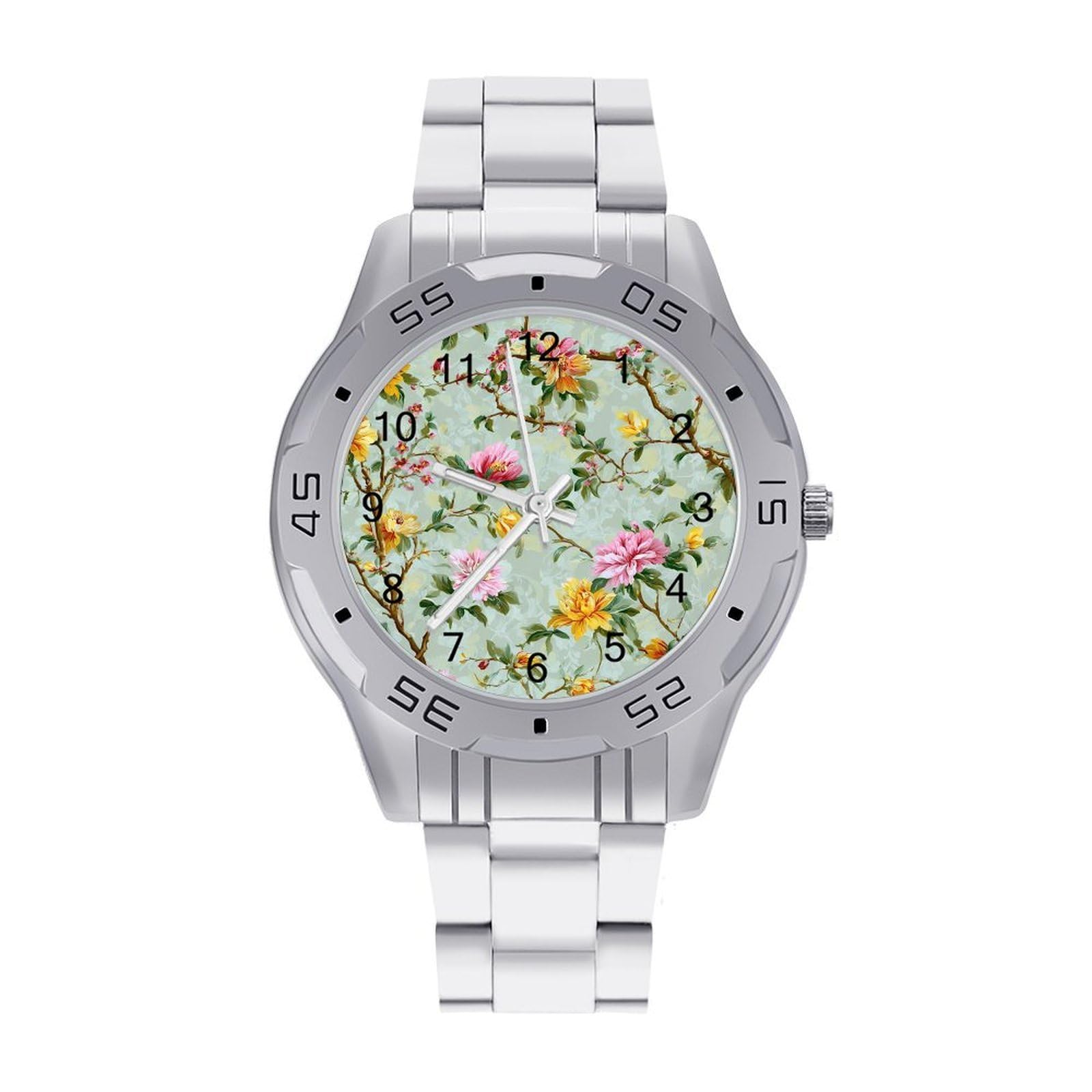 Grüne Blumen Herren Quarzuhr Trendy Edelstahlbänder Leicht Ablesen Minimalistische Armbanduhren Business Daily