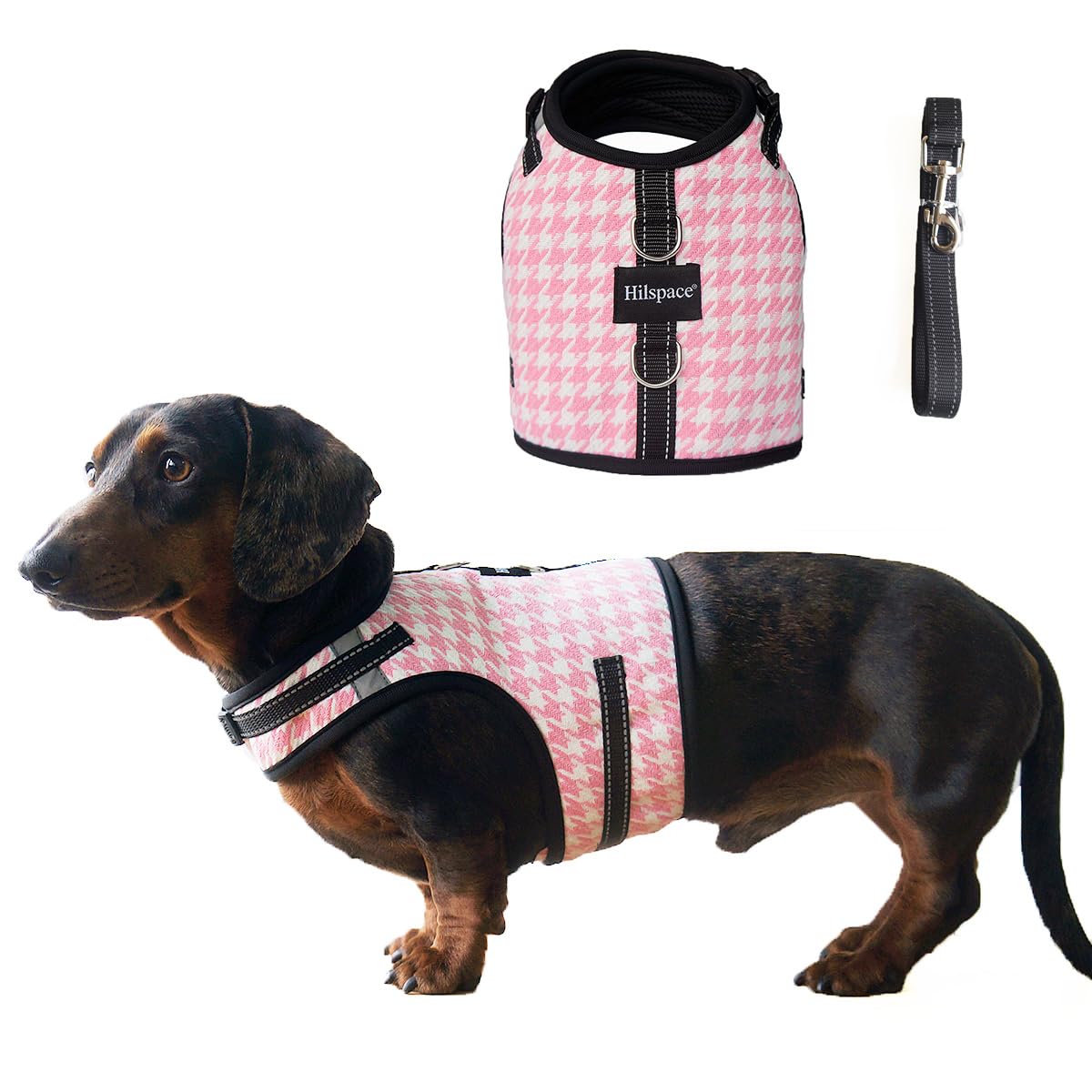 Dog Harness for Mini Dachshund, Houndstooth Rub-Free Dachshund Harness Vest, No Pull & Escape Proof, No Armpit Rub, Reflective Adjustable Dog Harness (Pink, L: Chest 53-63cm (21"-25"))