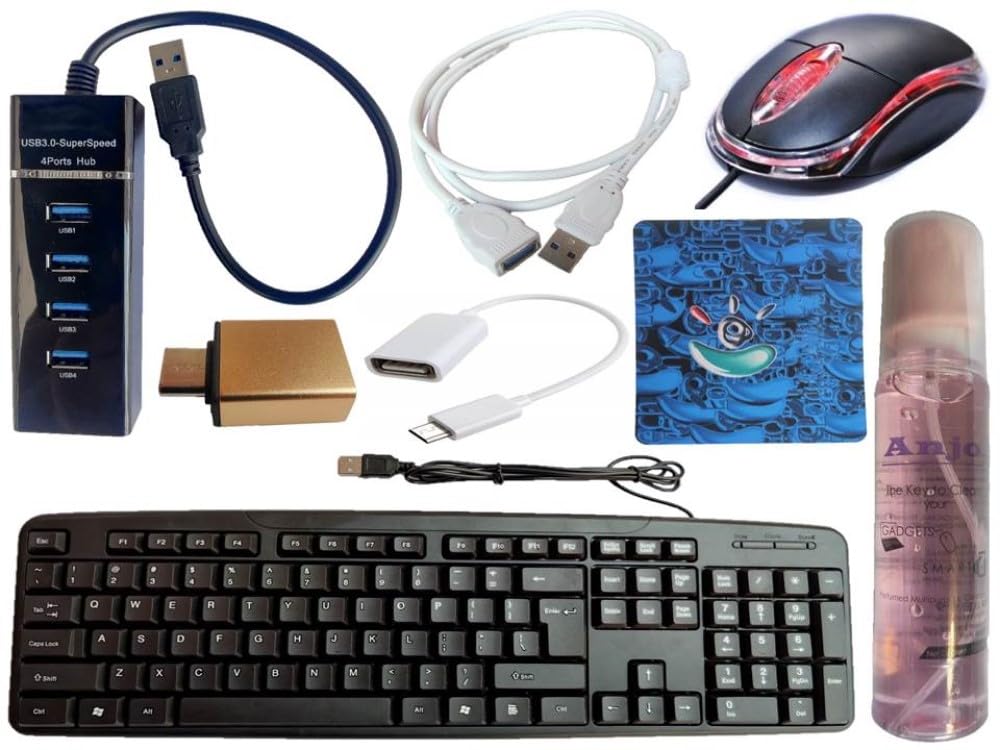 Anjo 8 in 1 Combo of Wired Keyboard, Wired Mouse, Anti-Skid Mouse Pad, USB Hub 3.0, Multi-Purpose Cleaner & Cloth 100ml, OTG Micro & C to A Type, USB Extension Cable Male to Female Type A 1.5m