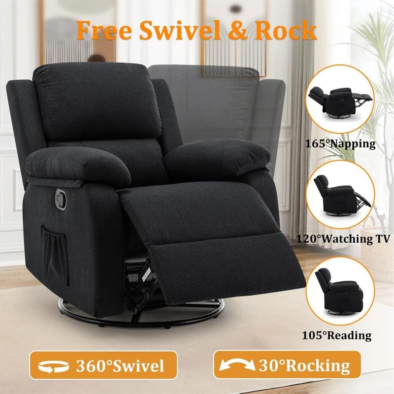 Image of Recliner Sofa 1 Seater | Manual Recliner Chair | 360 Swivel Rocker Recliners for Small Spaces,Rocker with Side Pockets Chairs for Living Room, Bedroom, Nursery, Black