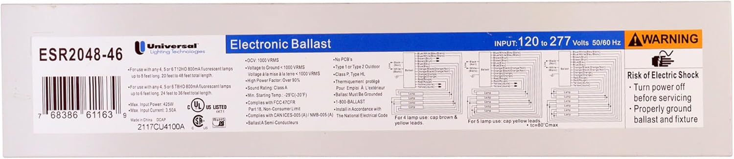 Universal ESR2048-46 Electronic Sign Ballast, T12HO T8HO, 425W Max, 4-6 Lamp