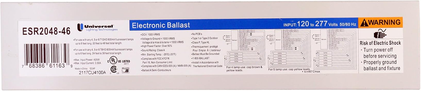 Universal ESR2048-46 Electronic Sign Ballast, T12HO T8HO, 425W Max, 4-6 Lamp