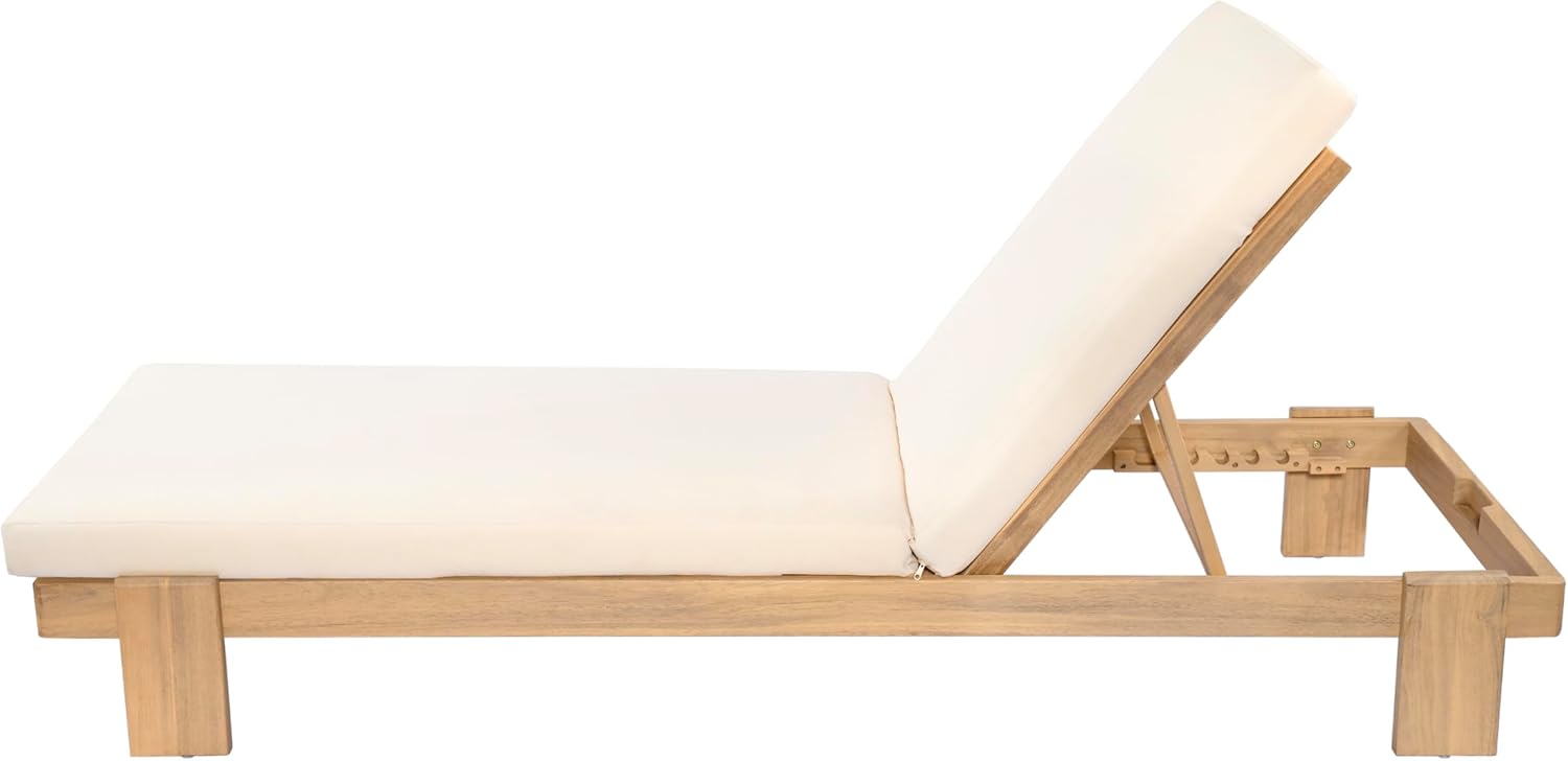 Christopher Knight Home Duska Acacia Wood Chaise Lounge Chair Outdoor, Patio Outdoor Chaise Lounge with Cushions, Adjustable Backrest Single Lounge Sofa, Poolside Seating, Teak+Beige