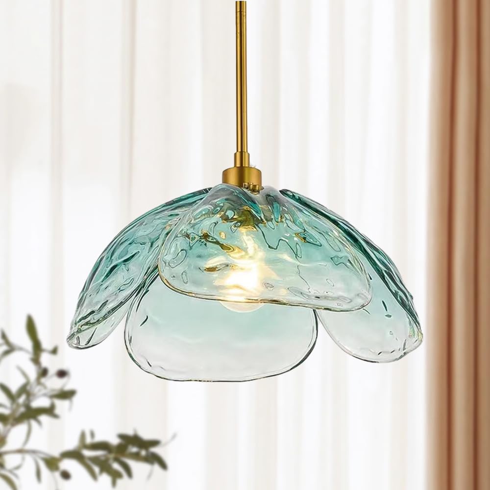 Flower Pendant Light Glass Petals Island Lights Adjustable Minimalist Boho Hanging Light Fixture for Bedroom Study Office Kitchen Hallway Living Room Farmhouse Decor, Blue
