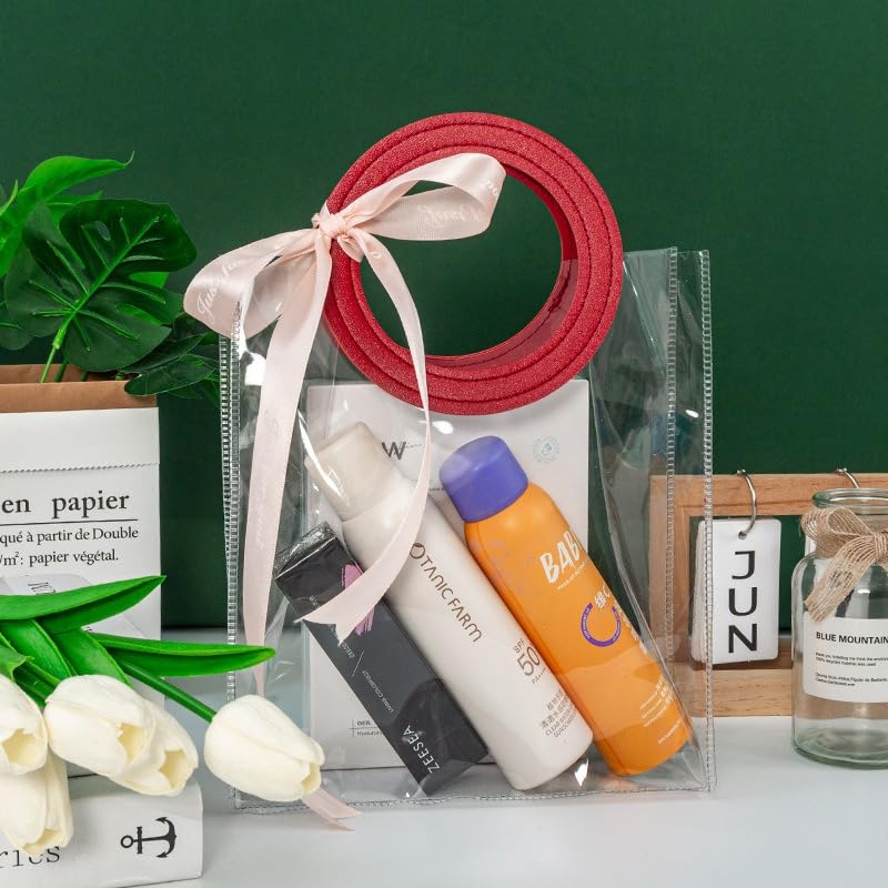 Image of SATYAM KRAFT 6 Pcs Transparent Reusable Leather Goodie Bags | Elegant Gift Bags for Her /Him Wedding Return Favors, Engagement Hampers, Marriage, Birthday & Festival Gifting | Handle Hamper Shopping Carry Bags (Red Round (28 x 25 cm))