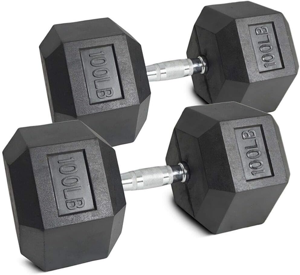 Pair of PowerFit Rubber Hex Dumbbells (100lb)