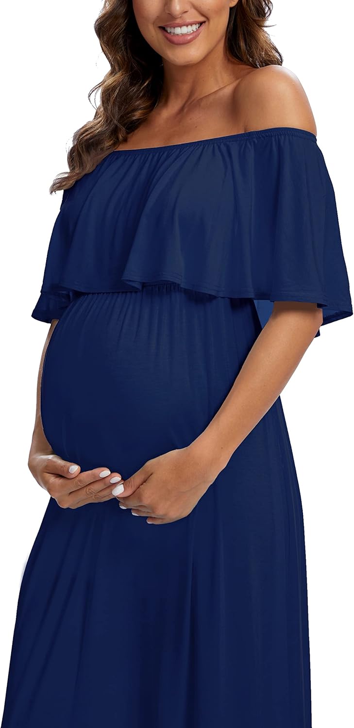 Off The Shoulder Ruffle Materntiy Maxi Dress, Long Flowy Baby Shower/Photoshoot Dress