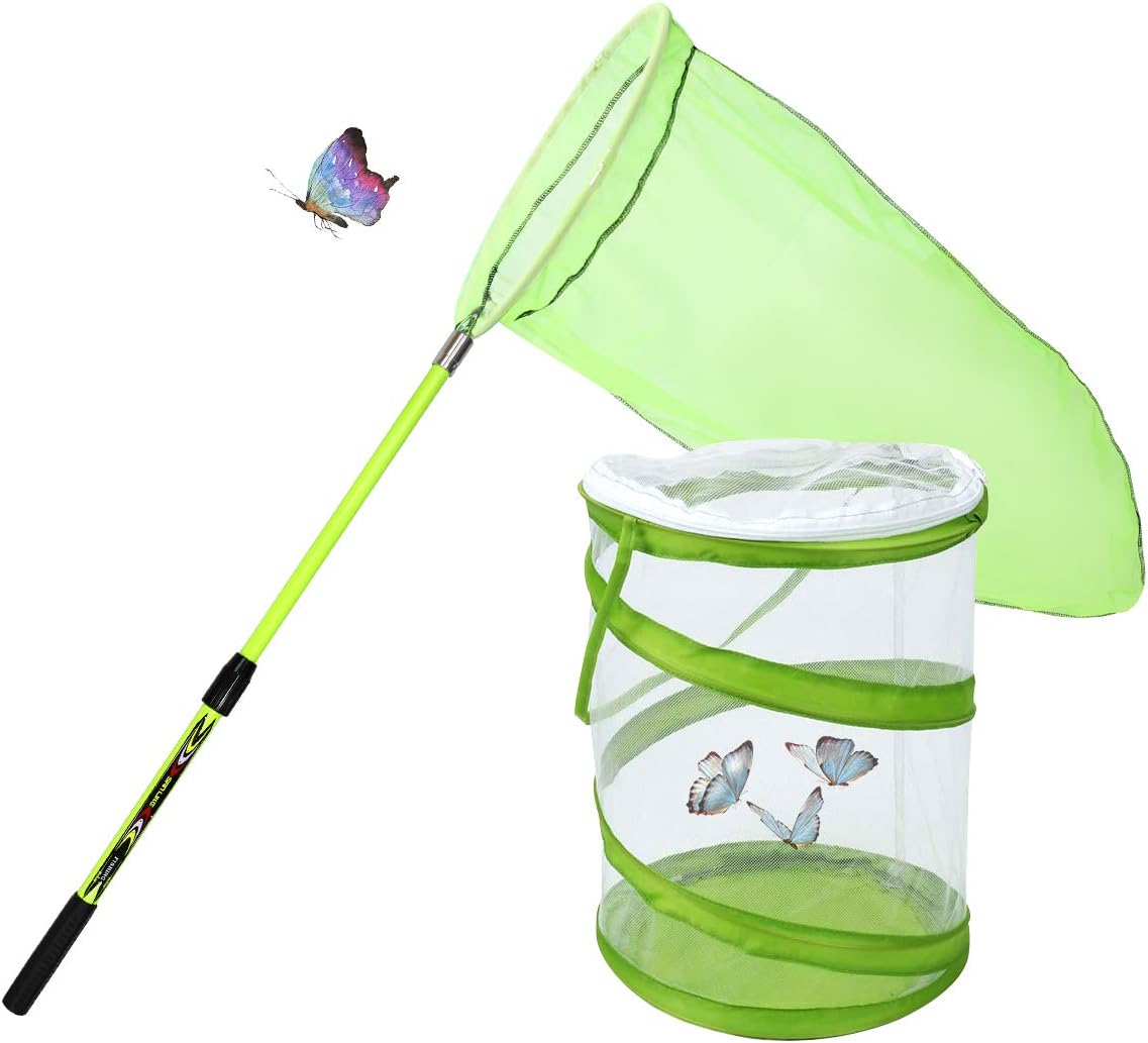 SANLIKE Insect and Butterfly Net with 13.8" Ring Handle Extends to 29 inches with Pop-up Habitat Cage Kit for Kid Adult