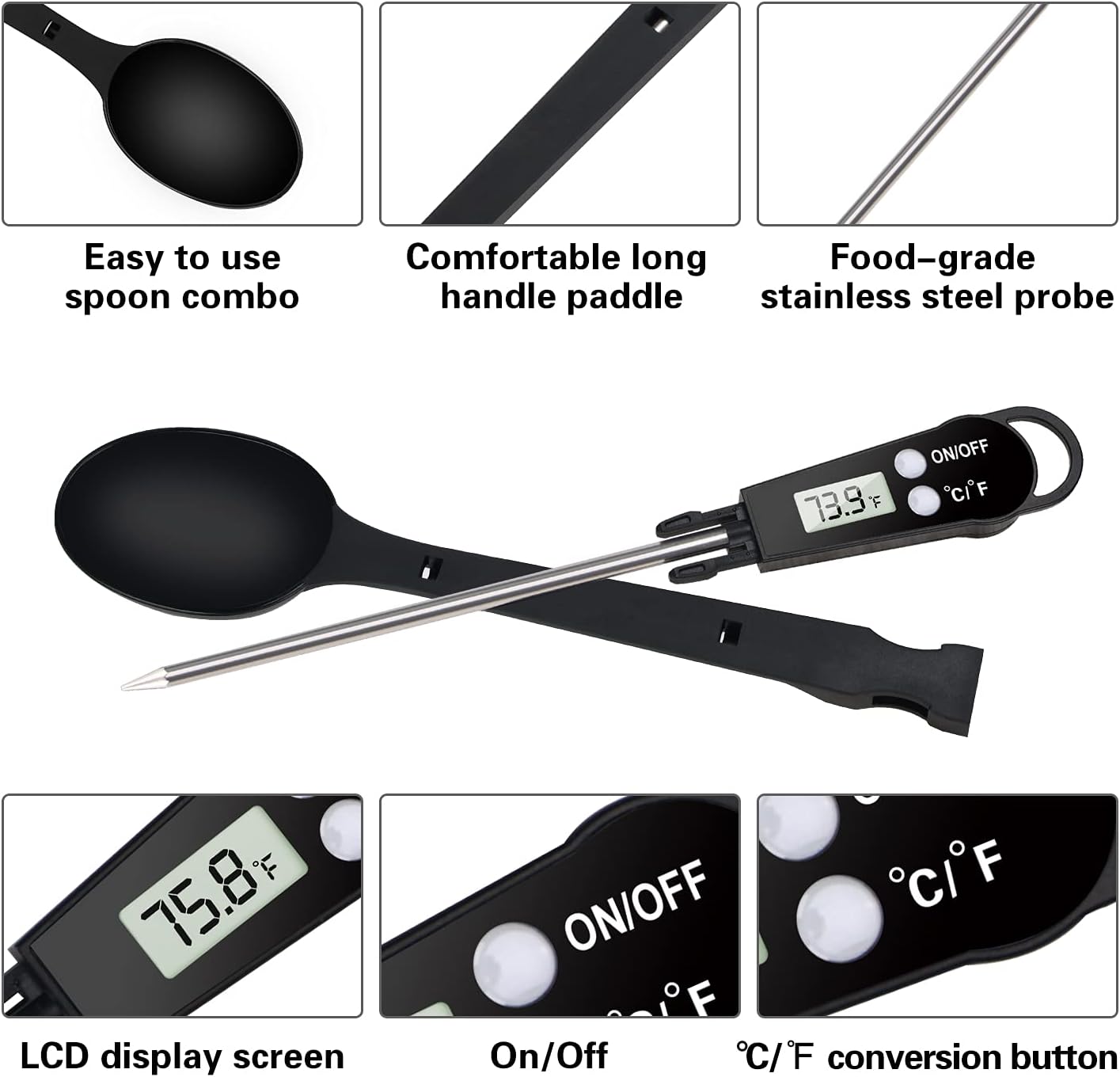 review YOUDU Digital Meat Thermometers: Cooking Waterproof Instant Read Food Thermometer Temperature with Digital LCD Display with Spoon for Meat Frying Baking Kitchen Outdoor Cooking Grilling & BBQ