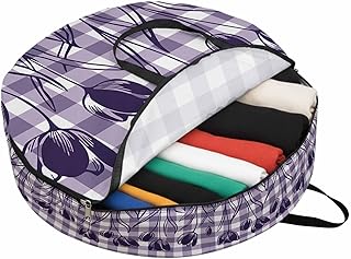 Storage Bag Purple Tulip Flowers Round Storage Totes Bins Closet Organizers with Zippers & Handle Floral Buffalo Plaid Clothes Storage Container for Bedroom Dorm Space Saving Packing Supplies Bags