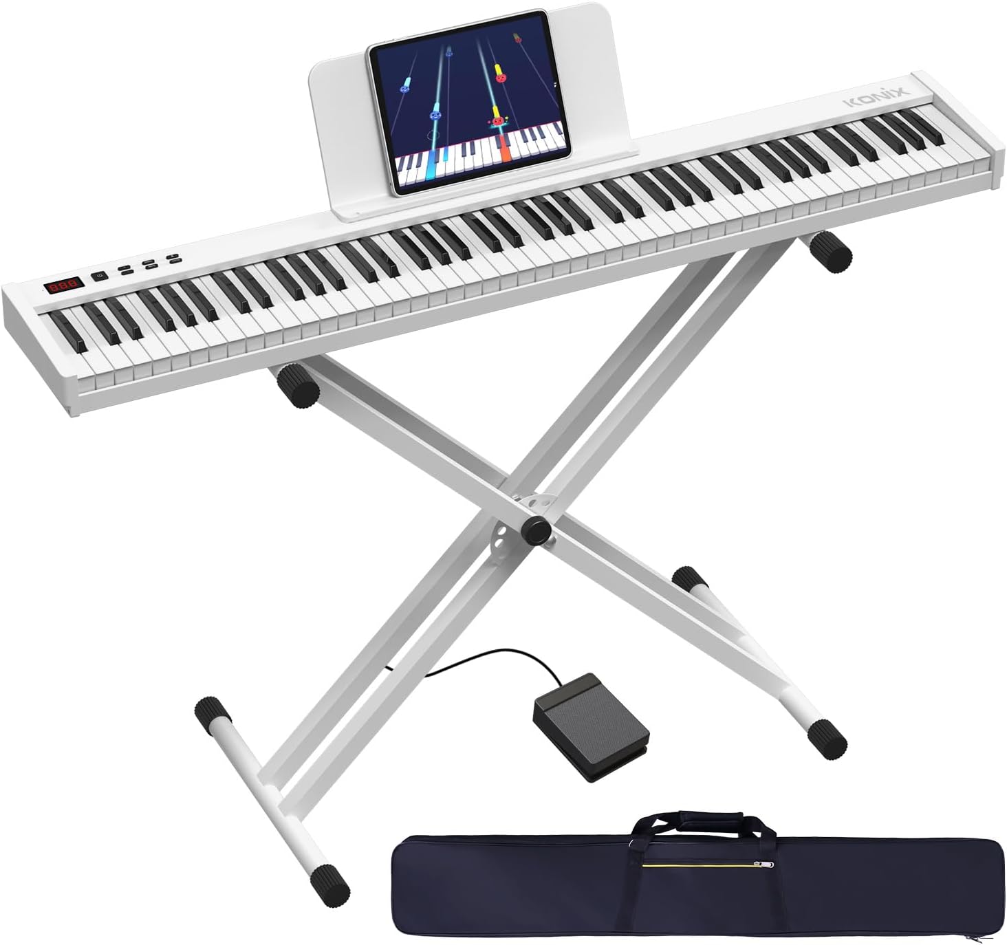 KONIX 88 Key Semi Weighted Keyboard Piano, Full Size Digital Piano with Double X Stand, Portable Keyboard Piano for Beginner Include Sustain Pedal, Power Supply and Piano Bag - White