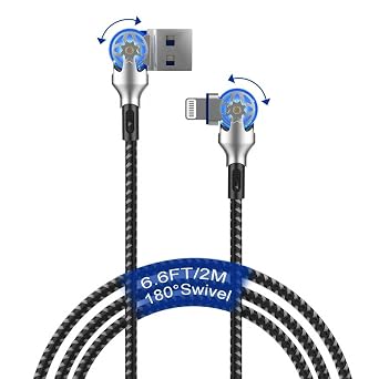 90 Degree iPhone Charger Cord with 180 Degree Swivel Ends - 6.6FT Dual 90 Degree Lightning Cable with MFi & 2.4A & Data Sync Rotating Right Angle Lightning Cable for Carplay iPhone14/13/12/11/X/8/7/6