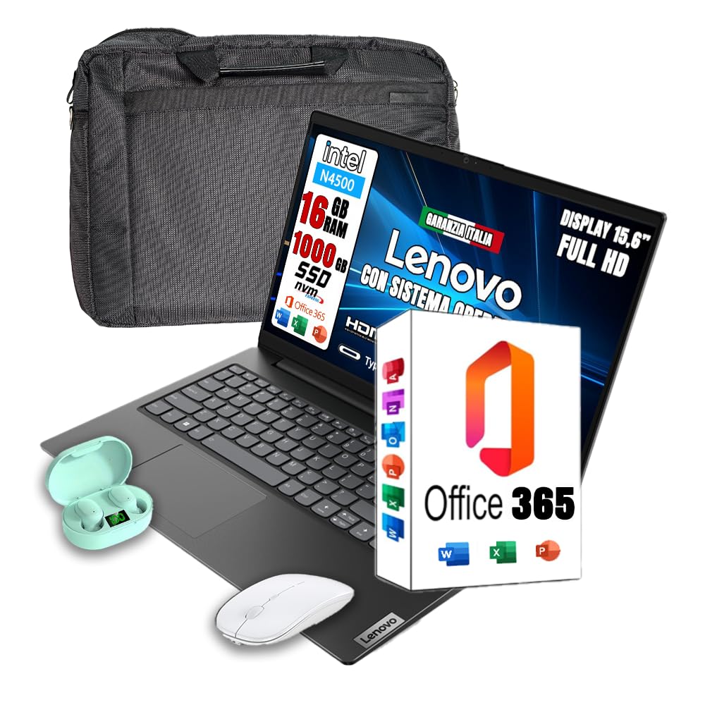 Lenovo Notebook NUOVO • CPU Intel N4500 @ 2,8ghz • Monitor 15.6" Full HD • SSD 1000GB (x2 da 512) • Ram 16GB • Sistema operativo WIN 11 e OFFICE PROFESSIONAL 365 • MOUSE WIRELESS + CUFFIETTE + BORSA