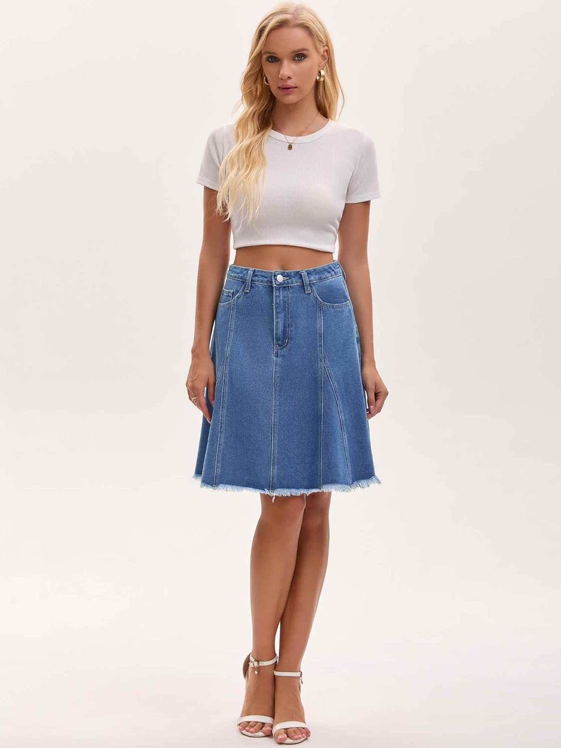 Women's Denim Skirt A Line High Waist Flared Raw Hem with Pockets Casual Jean Skirts - Image 6