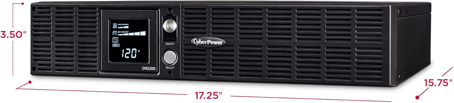 CyberPower OR2200LCDRT2U UPS with dimensions labeled