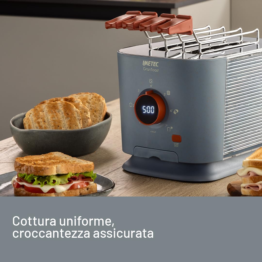 Imetec Grantoast - Tostapane 2 Fette XL con Pinze Apribili per Toast Farciti - 7 Livelli Doratura, Facile Pulizia, Display LED, Griglia Scalda Brioche, Pizzette e Focacce, Timer Digitale, Acciaio Inox