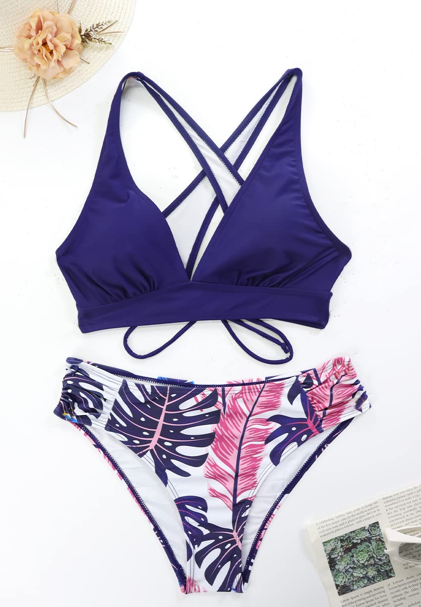 Mujer Traje de Baño de Dos Piezas Push-up Cuello en V Bañador Cintura Media Correas Laterales del Bikini Set Estampado Ropa de Playa Traje de Baño