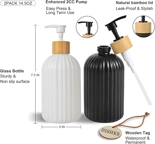 Miniatura 3 de Juego de 2 dispensadores de jabón de manos de vidrio con bomba de bambú, elegante dispensador de jabón líquido recargable, perfecto para fregadero