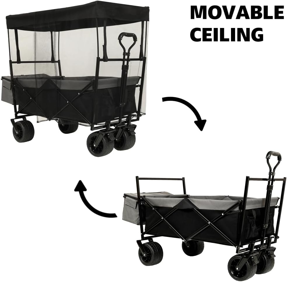 Heavy-Duty Collapsible Wagon with Removable Canopy and All-Terrain Wheels for Camping, Shopping, Gardening, and Outdoor Transport (Black + Steel-1)
