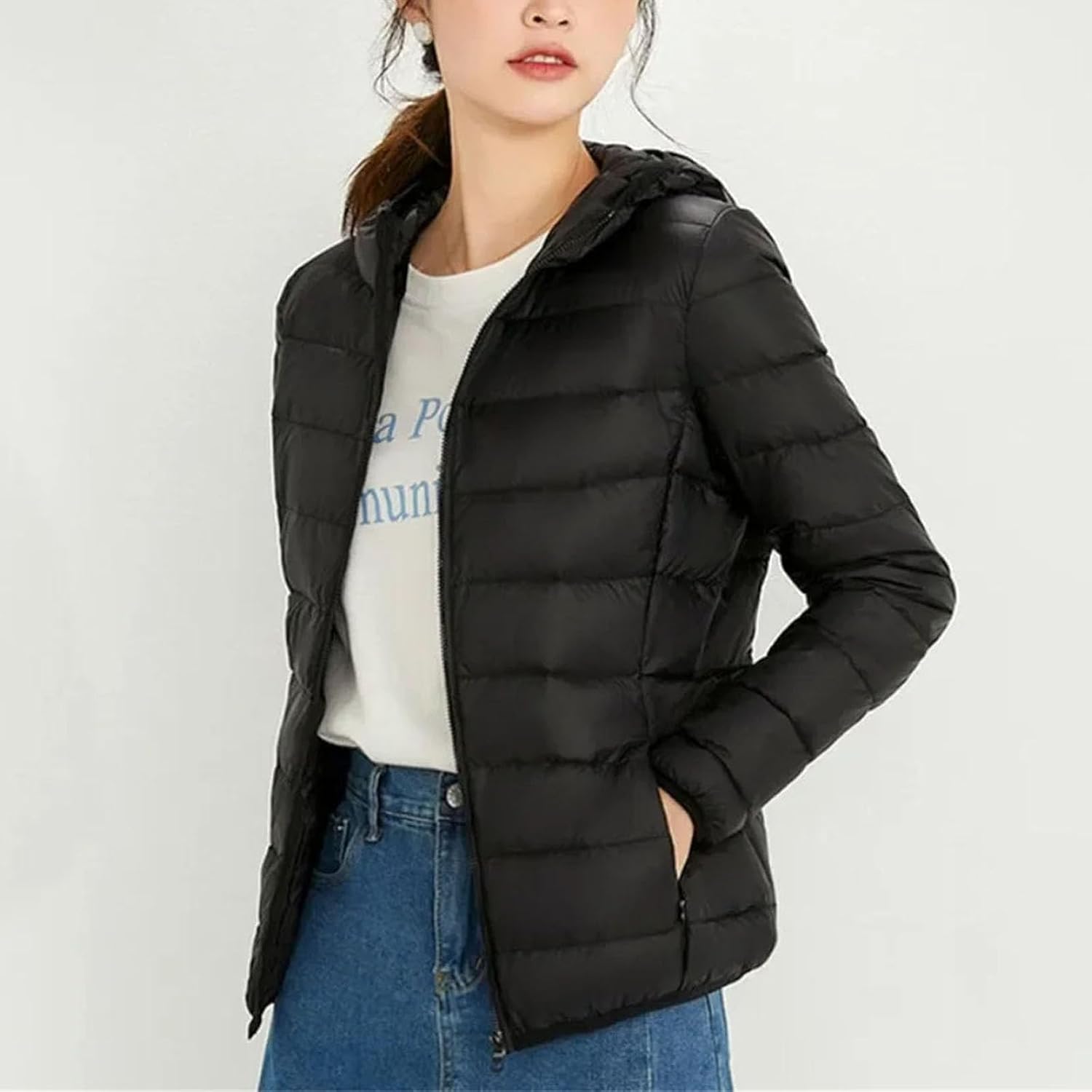 Down Jacket for Women Hooded Coat White Duck Filled Warm Ultra Light Puffer Style