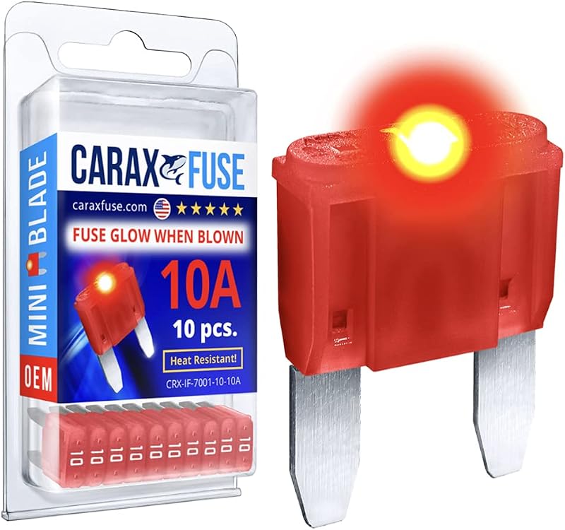 Fusível automotivo mini lâmina CARAX Glow LED 10 A – Kit com 10 unidades