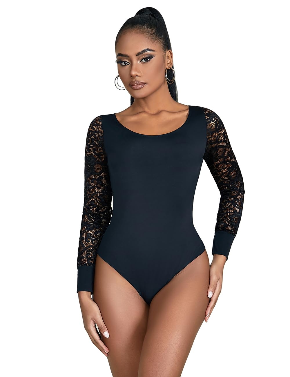 comeondear Body Mujer Sexy Manga Larga Cuello Redondo Elástico Bodysuit de Encaje Mono Leotardo Talla Grande Jumpsuits Slim Fit Shapewear Tops