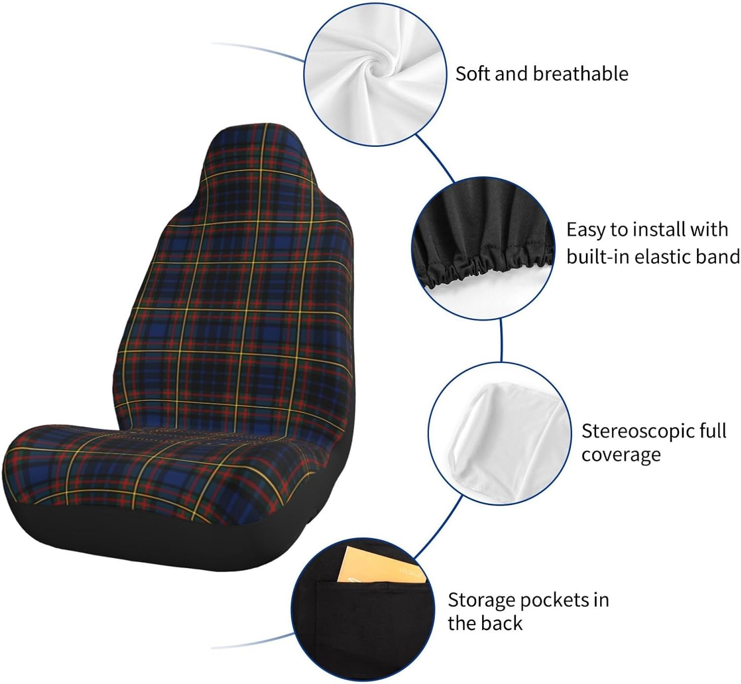 Brown Blue Red Tartan Car Seat Cover Front Seat Protector Covers with Rear Storage Pockets Automobile Interior Decor Accessories Fit for Most Vehicle Car Sedan SUVs Truck - 1 Pack