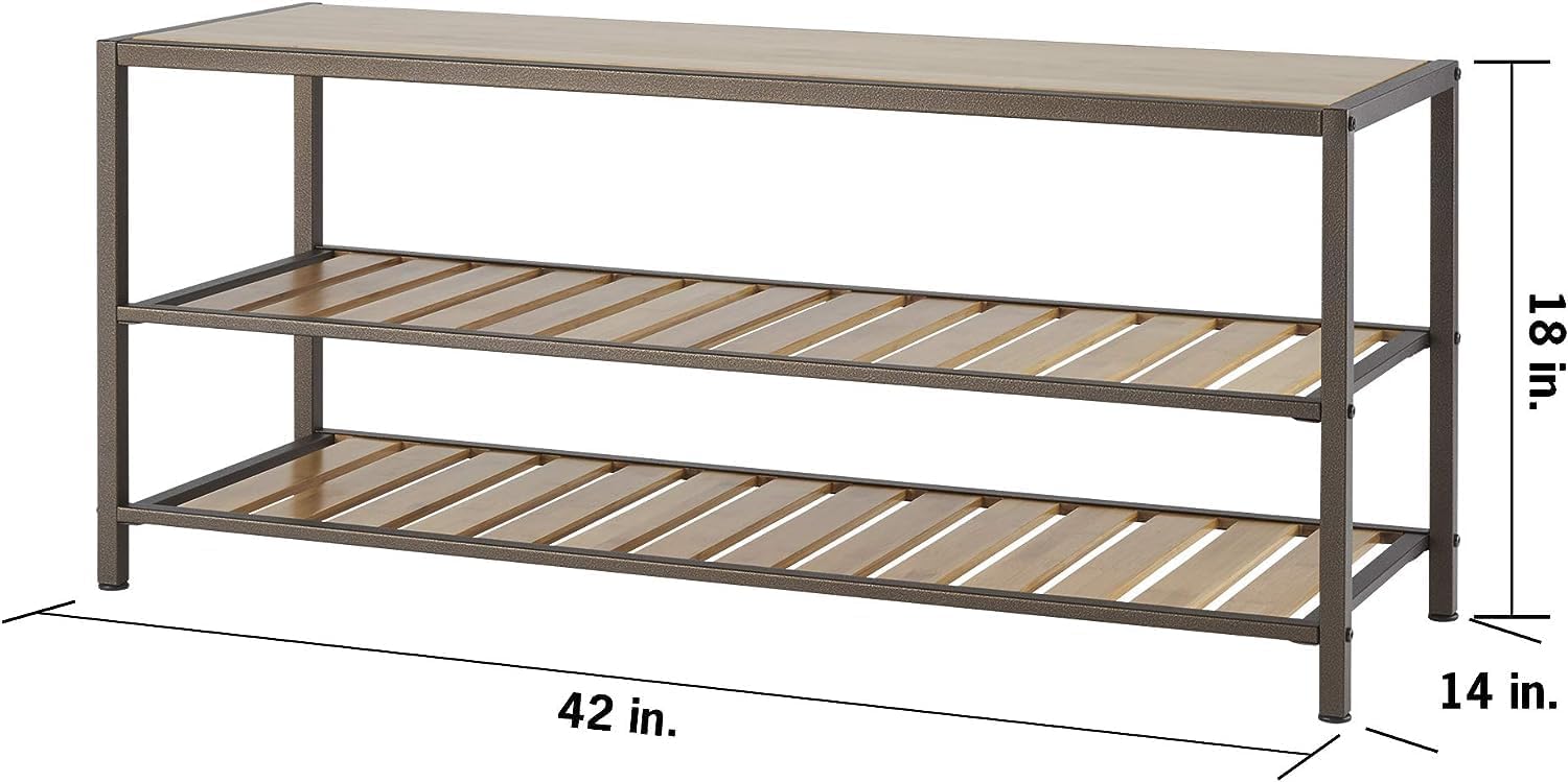Trinity 3-Tier Bamboo Top Shoe Bench, Shoe Organizer for Closet or Entryway Stores Up to 12 Pairs of Boots, Sneakers, Heels, and More, Natural Finish, Bronze Anthracite
