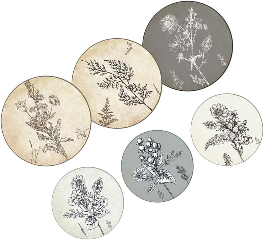 GOOHOCHY 6pcs Rustic Bohemian Wooden Floral Wall Art Panels Home Decor for Farmhouse Round Wall Hanging Decor Density Board for Living Room and Bedroom