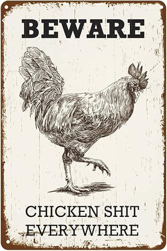 Divertido letrero de hojalata con diseño de gallo con texto en inglés "Beware Chicken Shit Everywhere" - Panel de pared para interiores y