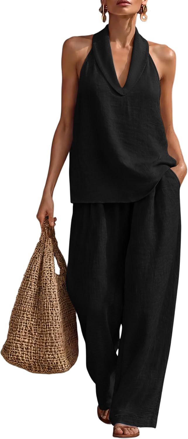 Women's 2 Piece Matching Outfit Set, Summer Halter V Neck Sleeveless Top and Wide Leg Pants with Pockets