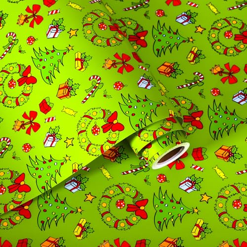 FYSUIMU Christmas Wrapping Paper - Mini Roll - 17 In x 32.8 Ft Red Green Funny Cartoon Gift Wrap Paper for DIY Crafts Xmas Holiday Birthday Party Decor