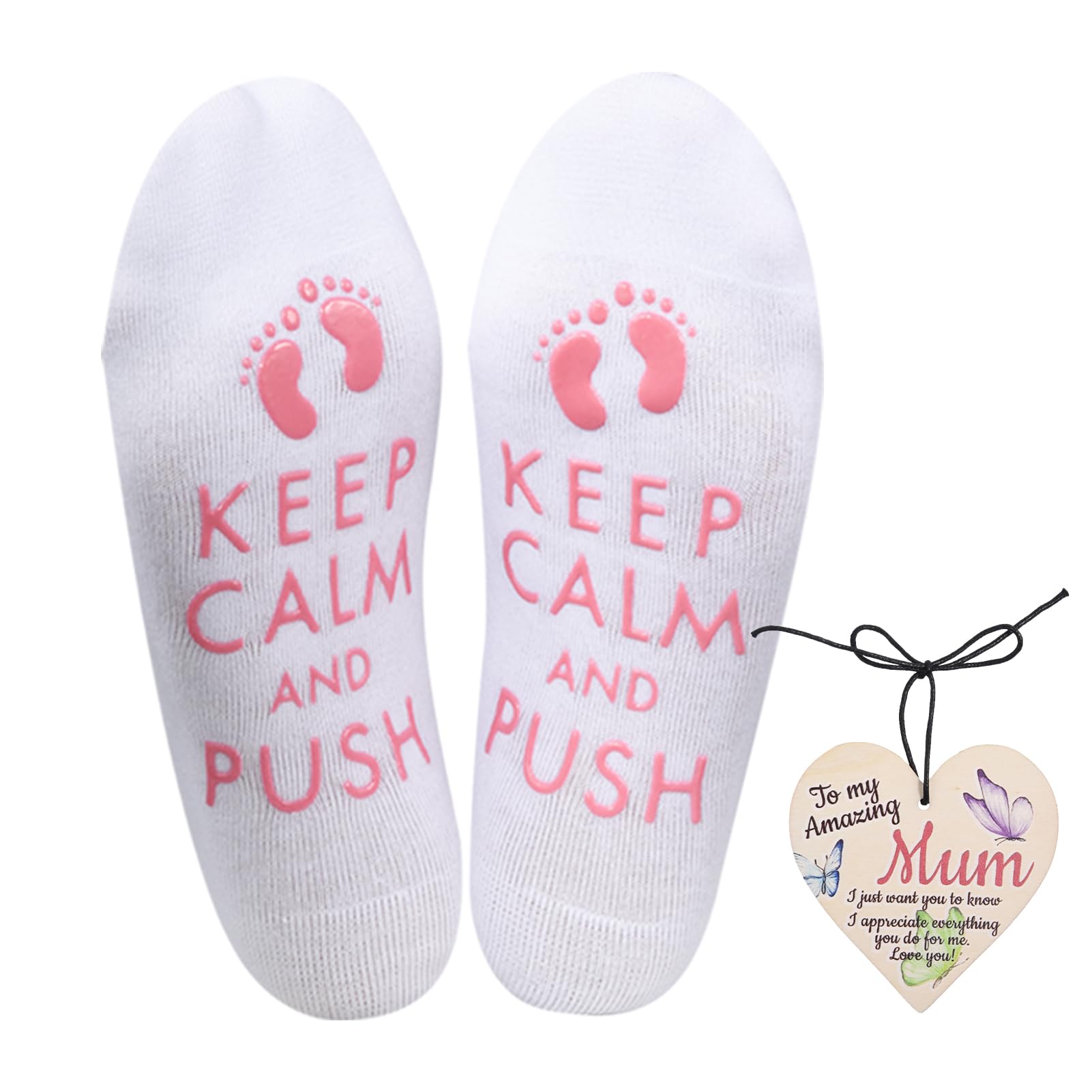 Oruza Women's Pink Funny Maternity Socks For The Mummy To Be, Keep Calm And Push Pregnancy Socks, Novelty Socks For Socks Mum To Be Gifts With Wooden Heart Keepsake Card