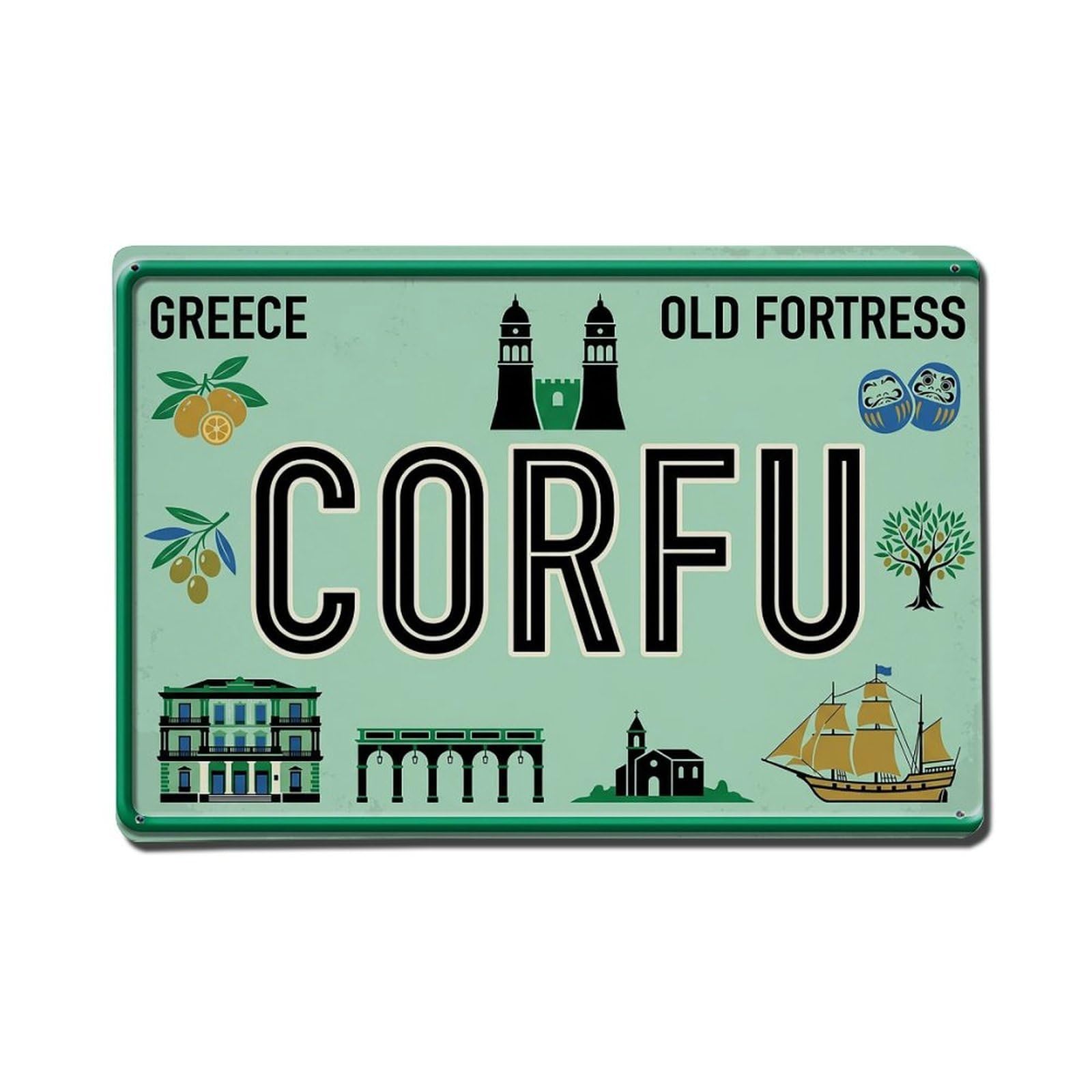Cwbufd 8X12inch(20X30cm) Vintage Travel Corfu Old Fortress Kumquat Metal Tin Sign Plaque Wall Decor For Cafe, Club Bar, Office, Garden Metal Poster 8X12inch