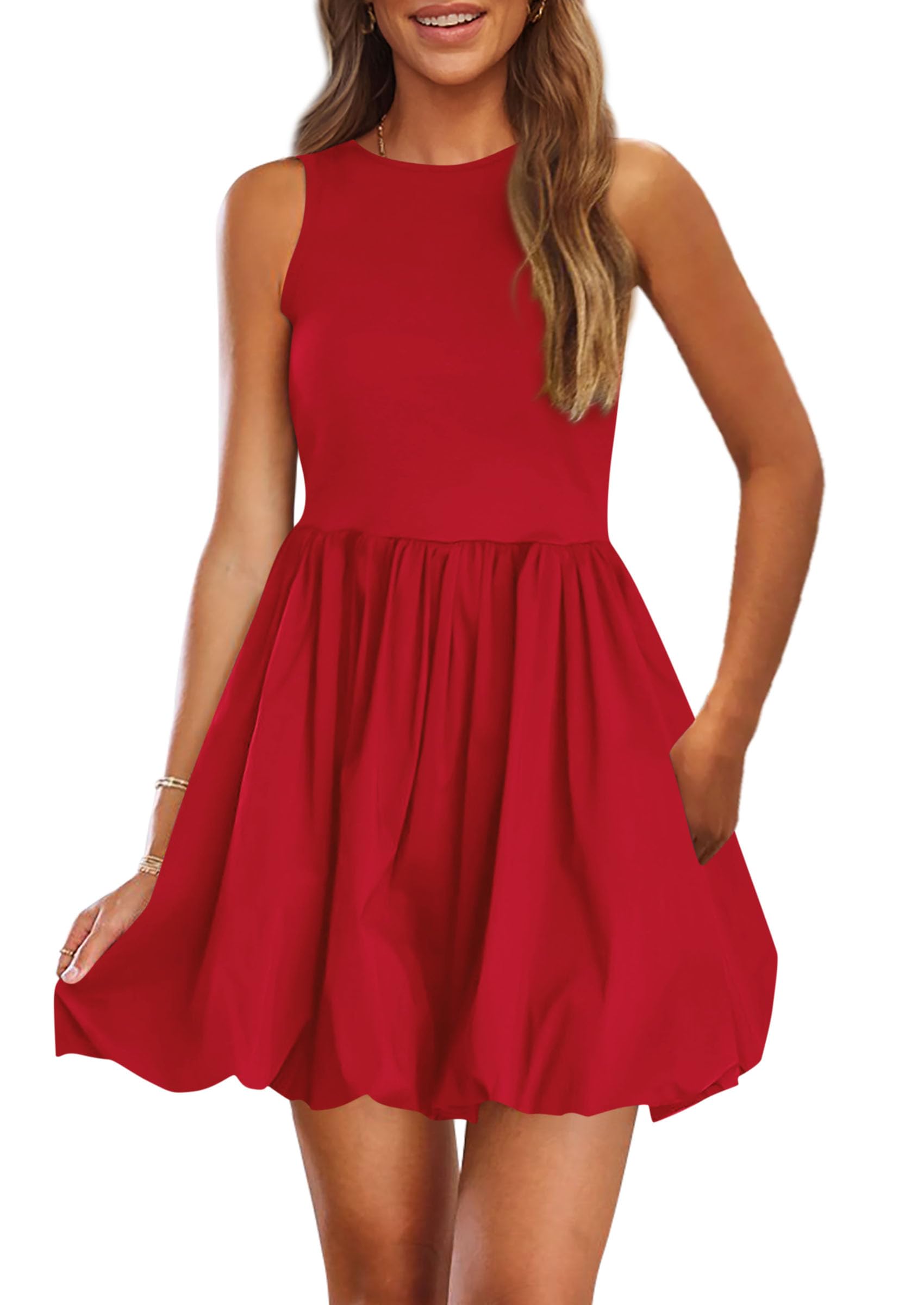 PRETTYGARDEN Summer Dresses for Women 2026 Casual Sleeveless Tank Mini Short Dress Crew Neck Bubble Sundress with Pockets