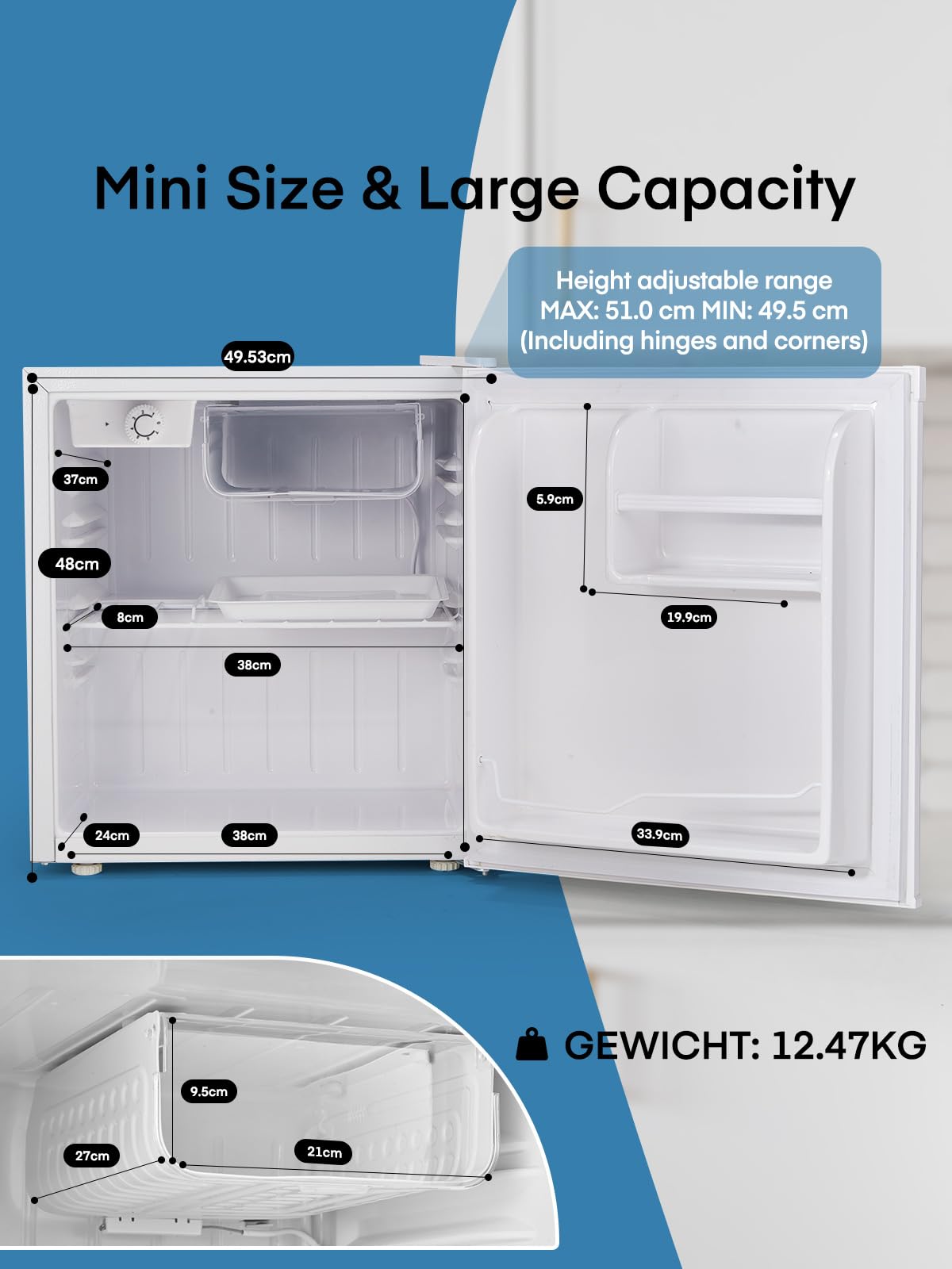 FOHERE Mini Frigo, 46 Litri, Frigorifero Hotel, Ufficio, Casa, Classe Energetica E, Silenzioso, Libera Installazione, Compatto, Termostato Regolabile, Porta Reversibile, Bianco