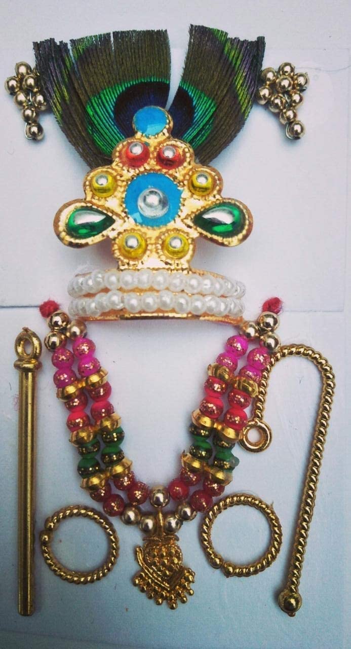 Laddu Gopal Ji Kanha Ji Mukut Mala Shringar Combo Set with Bansuri, Kundal, Karula and Chhari for Krishna Idol Pack of 1 Pcs Shringar Set