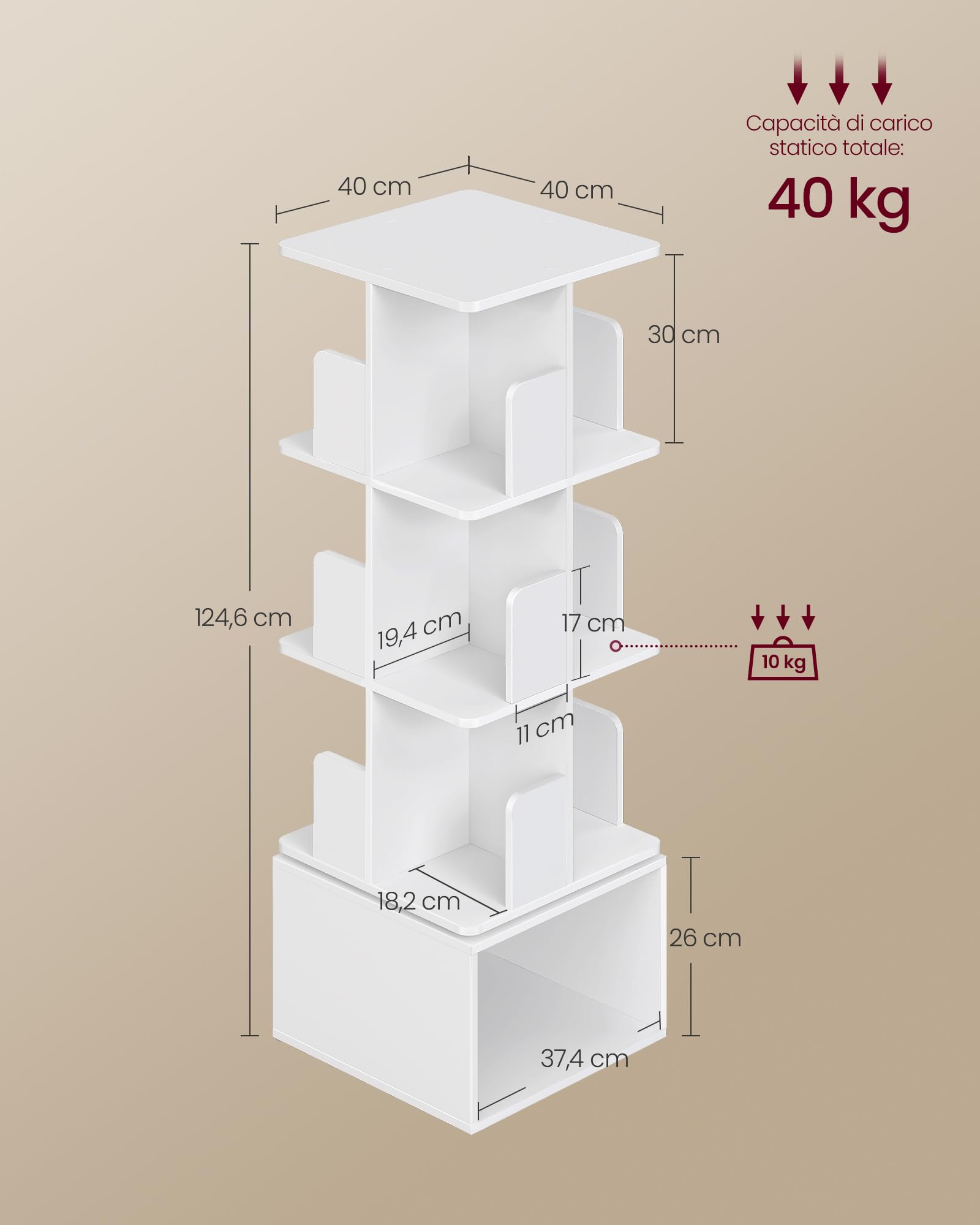 VASAGLE CUSTOS Collezione - Libreria Scaffale Girevole a 360°a 4 Ripiani, Scaffale Portaoggetti, Scomparti Aperti, 40 x 40 x 124,6 cm, per Camera da Letto Soggiorno Studio, Bianco Nuvola LBC471WB01