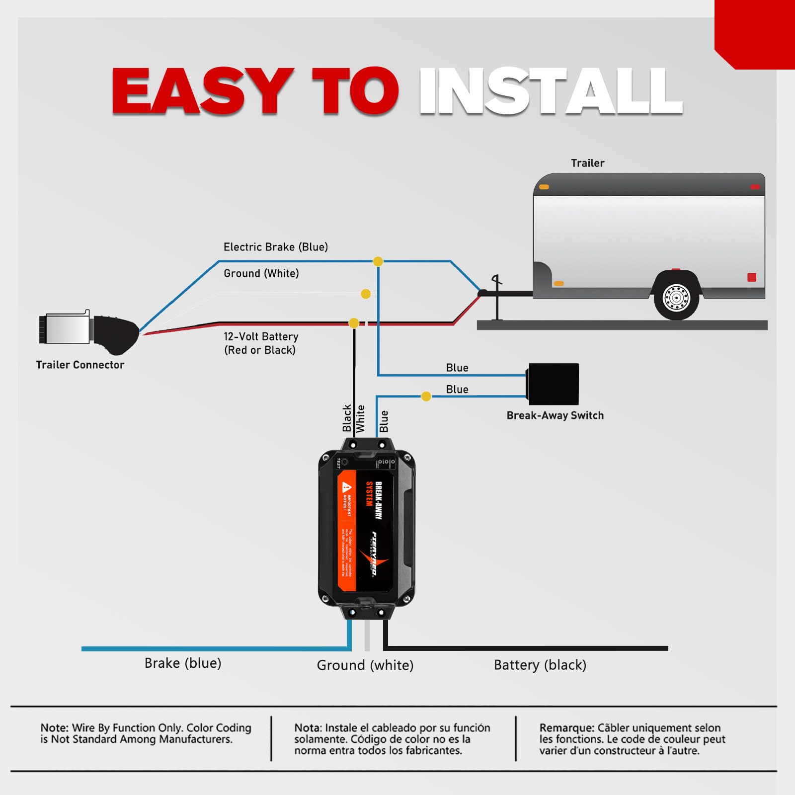 FIERYRED Kit de separación de remolque con botón de prueba con batería y cargador, controlador de emergencia integrado de batería de 5AMH, indicador LED