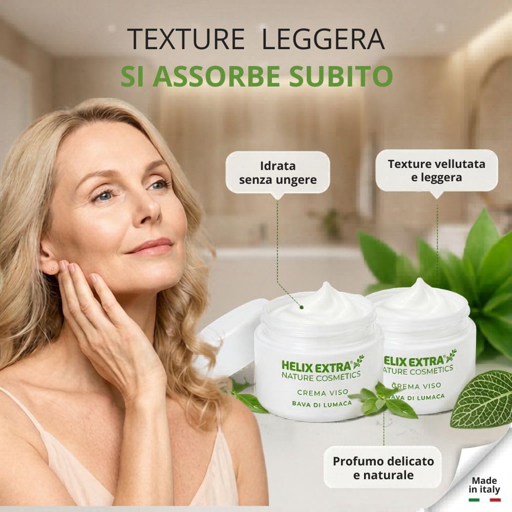 Helix Extra Crema Viso Bava di Lumaca 75% – Antirughe, Antimacchie – Idratante per Pelle Normale, Secca e Matura – Made in Italy 50ml – Confezione Doppia 2 x 50ml