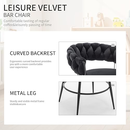 Miniatura 4 de Juego de 2 taburetes de bar giratorios modernos con respaldo tejido, taburetes de bar de terciopelo para isla de cocina, cafetería, pub, negro