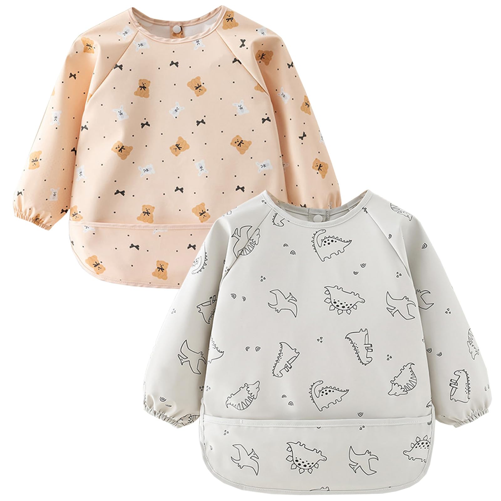 Zonoori 2 Pcs Lätzchen Baby mit Ärmeln, PU Wasserdichtes Latz mit Ärmel, Babylätzchen Ärmellätzchen von 6 bis 24 Monaten