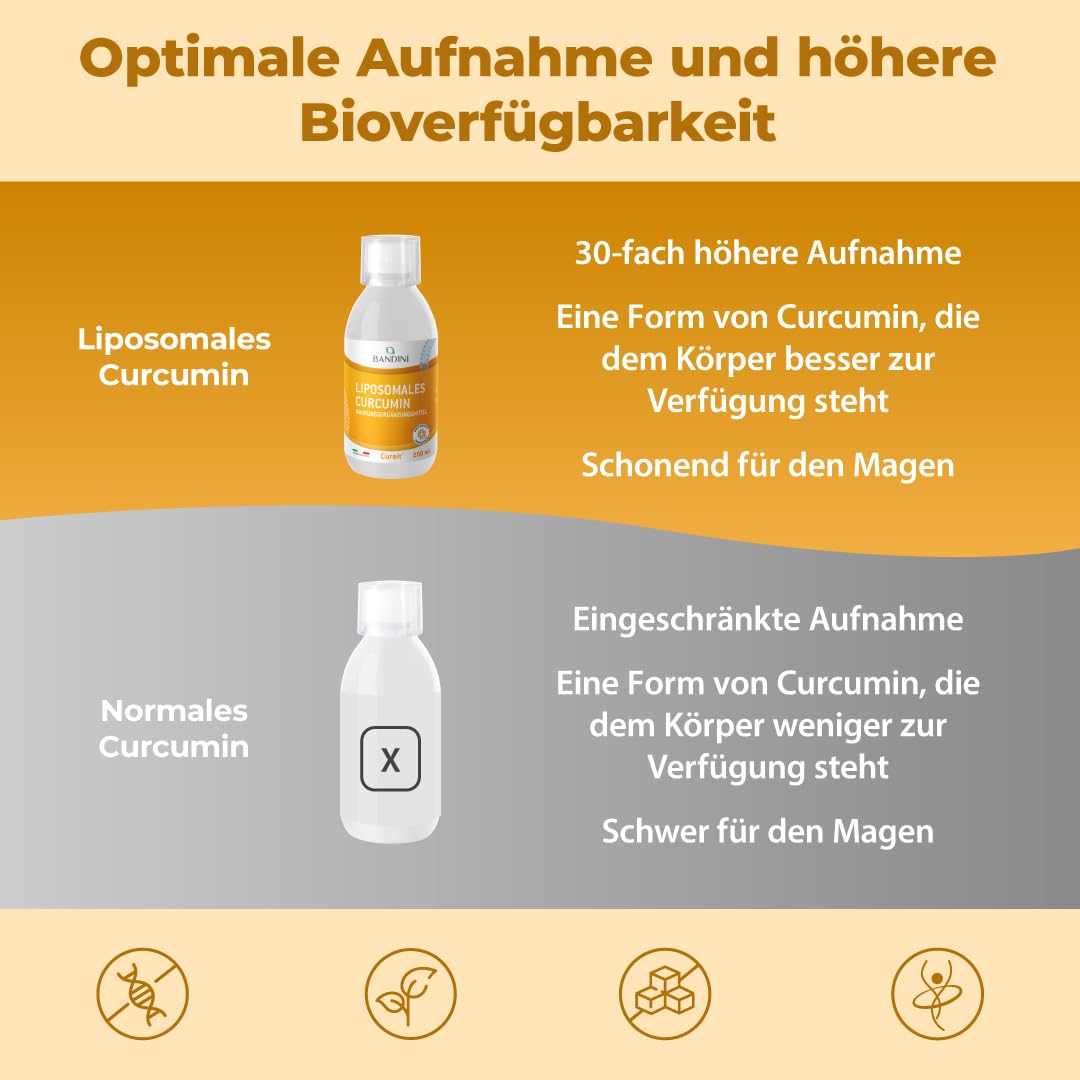 Bandini® Liposomales Curcumin Cureit® 250ml flüssig | Hochdosiert mit 200 mg Kurkumin pro Tagesdosis | Curcuma Extrakt mit Sonnenblumenlecithin | hohe Bioverfügbarkeit | 25 Portionen | Vegan, GMO-frei