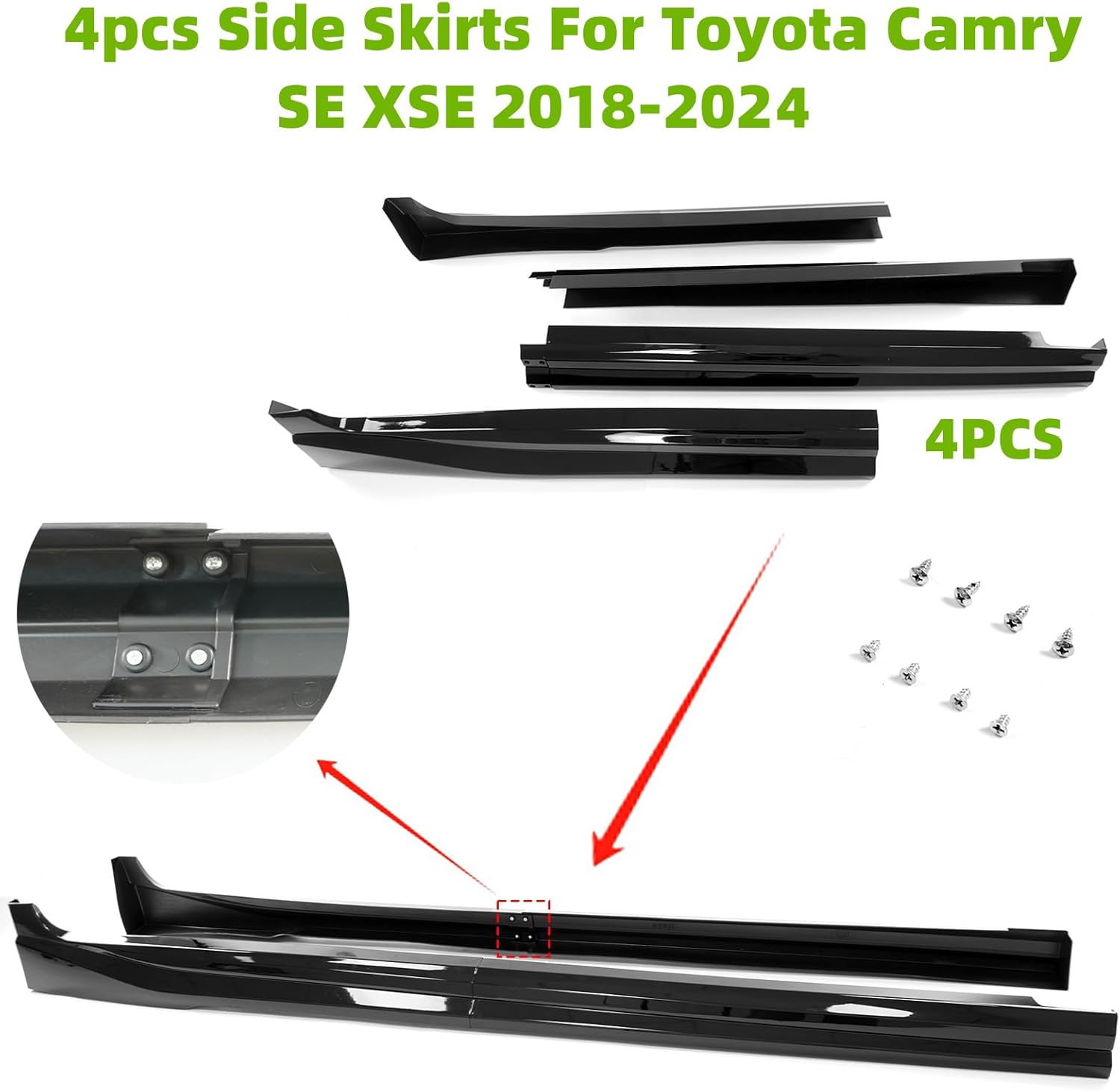 Front Bumper Lip 3Pcs & Side Skirts Extensions 4Pcs for Toyota Camry SE XSE 2018-2024 8th 8.5th Yofer Style Full Body Kits (Glossy Black, for Camry 2018-2024)