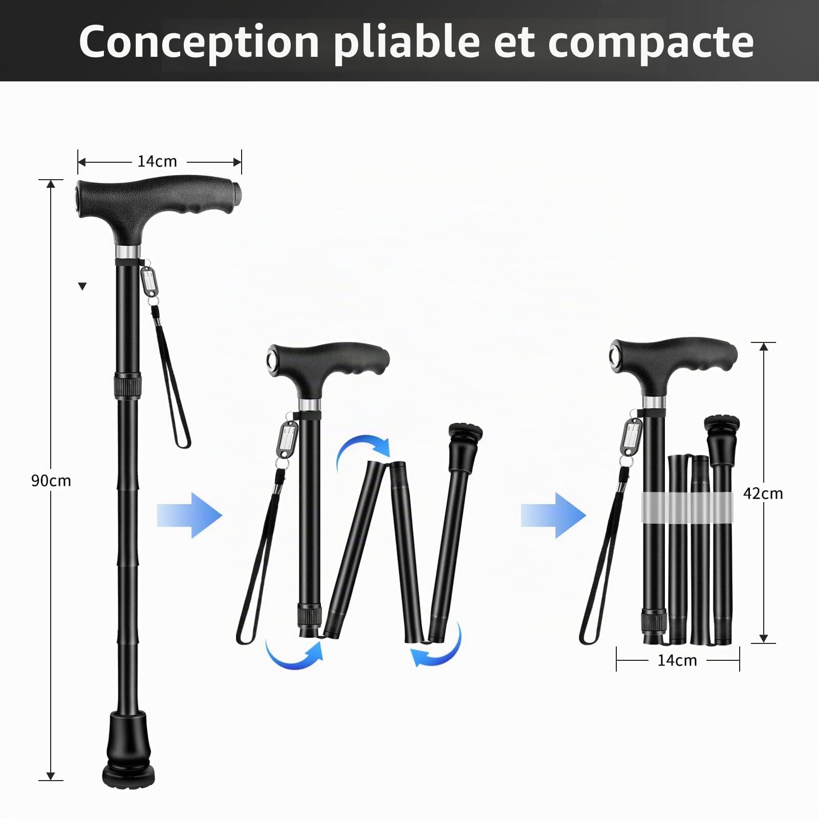 Canne de marche pliable avec lumière pour homme et femme - Canne de marche pliable avec base antidérapante - Hauteur réglable de 77 à 90 cm