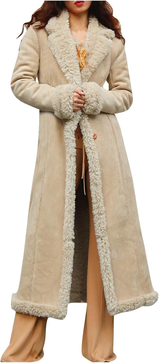 Women’s Winter Long Jacket Open Front Coat Cardigan Vintage Western Coats Faux Fur Trim Parka Outerwear with Pockets